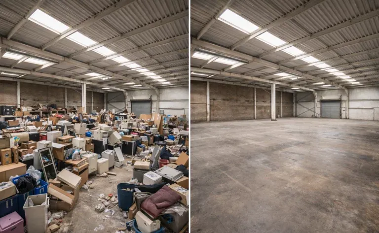 Vorher und nachher: Gewerbehalle vollgestellt mit Kartons, Möbeln und Müll, danach leer mit freiem Betonboden
