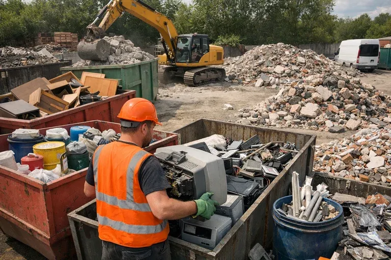 Mitarbeiter sortiert Elektroschrott in einen Container