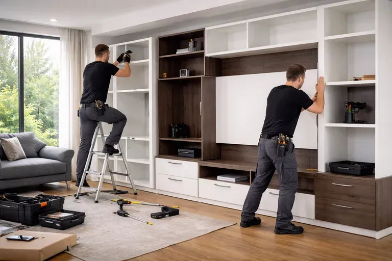 Zwei Monteure bauen eine weiße Wohnwand mit Holzfront in einem hellen Wohnzimmer auf, einer steht auf der Trittleiter