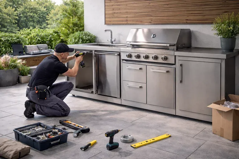 Monteur kniet mit Akkuschrauber an einer Edelstahl-Outdoorküche mit Grill auf einer Terrasse, Werkzeugkoffer und Wasserwaage auf den Platten