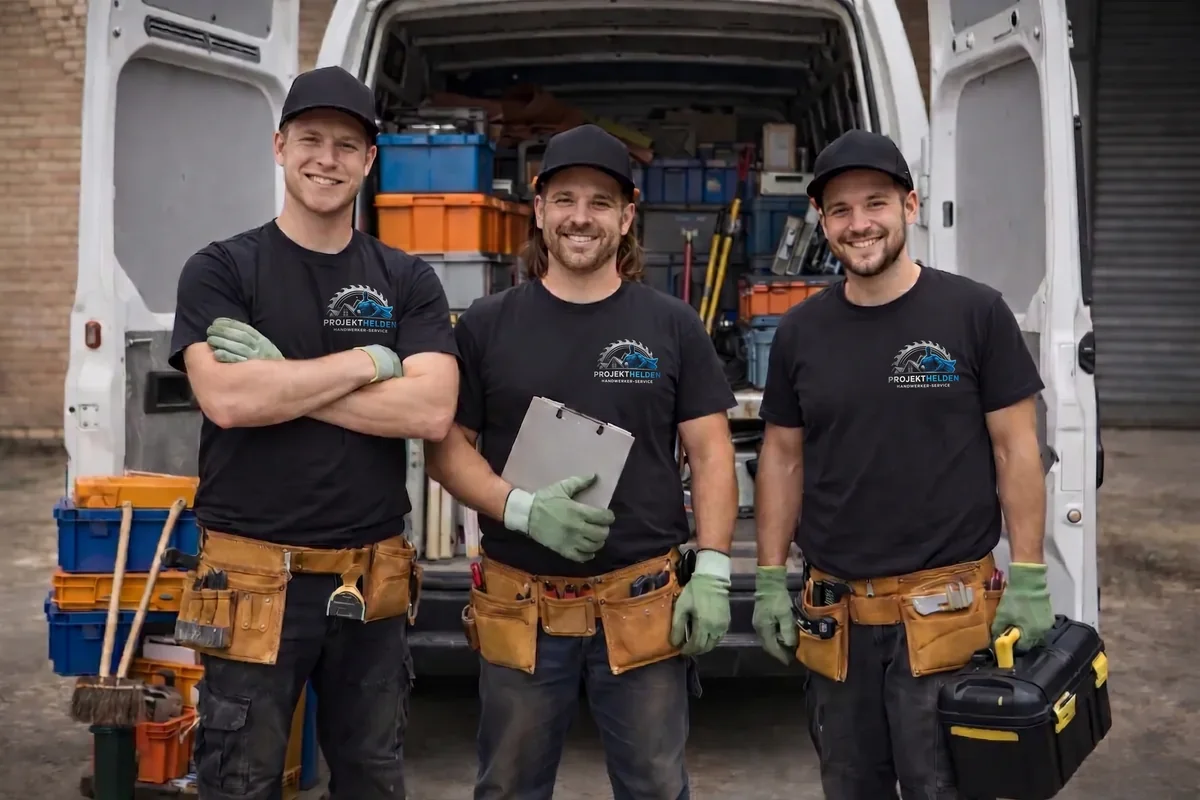 Drei Handwerker in schwarzen Projekthelden-Shirts vor dem offenen Transporter