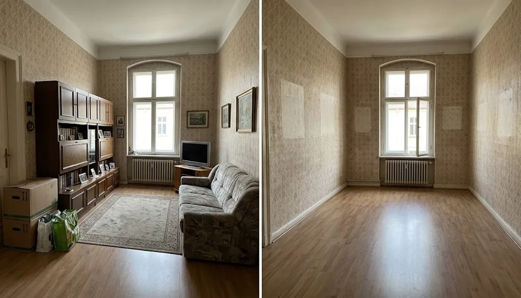 Vorher-Nachher: möbliertes Altbau-Wohnzimmer, danach leer und besenrein