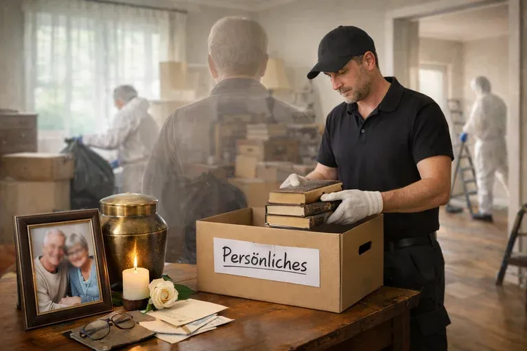 Mitarbeiter mit Handschuhen packt behutsam Bücher in einen Karton mit der Aufschrift „Persönliches