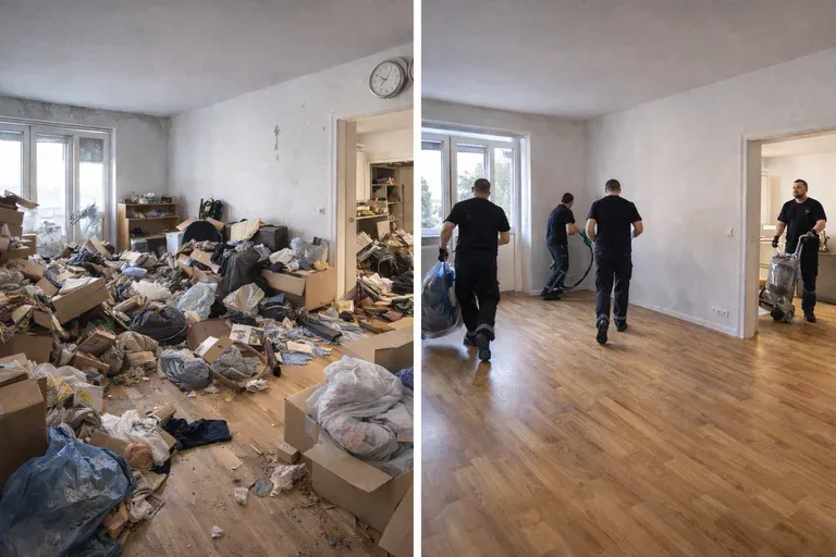 Vorher und nachher: vermülltes Zimmer mit Säcken und Kartons, danach leer mit Parkett, das Team trägt die letzten Müllsäcke hinaus